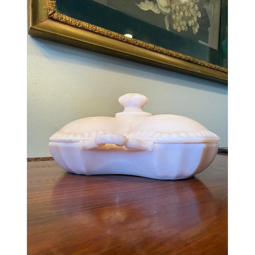 Vintage Pink Milk Glass Lidded‎ Divided Dish – Opaline Vanity or Candy Dish